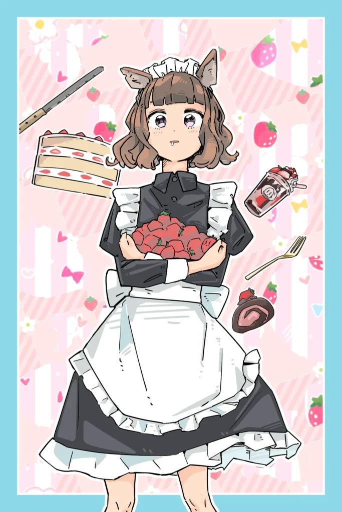 「イチゴ大好き」スイーツに垂涎の女の子のイラスト