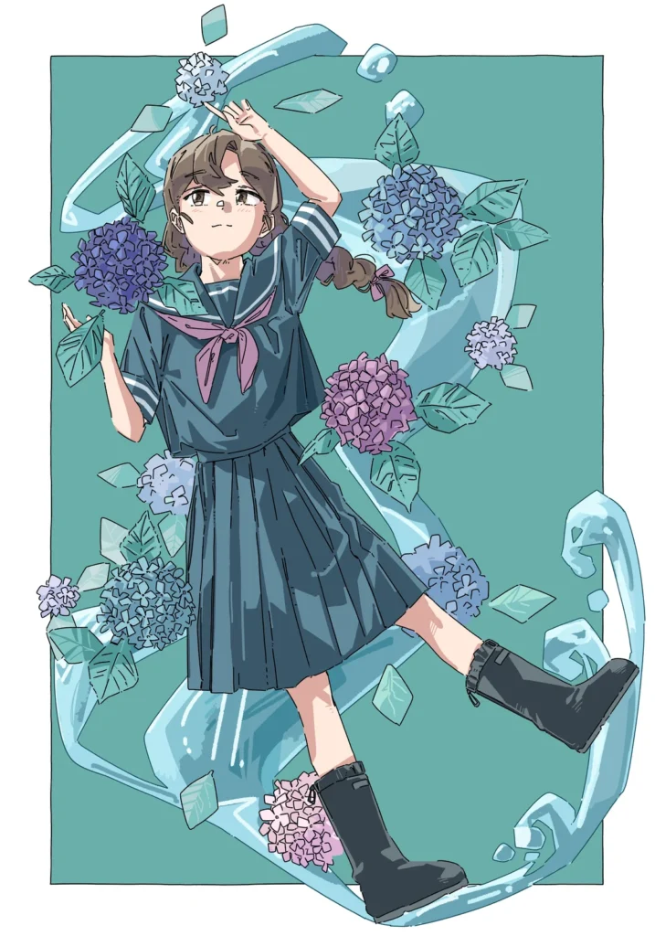 紫陽花と女の子(お惣菜bot)のイラスト