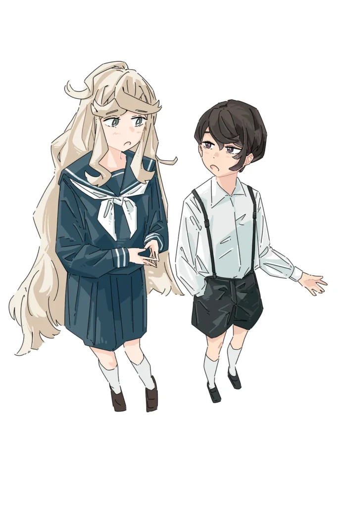 セーラー服長髪金髪と少年のイラスト
