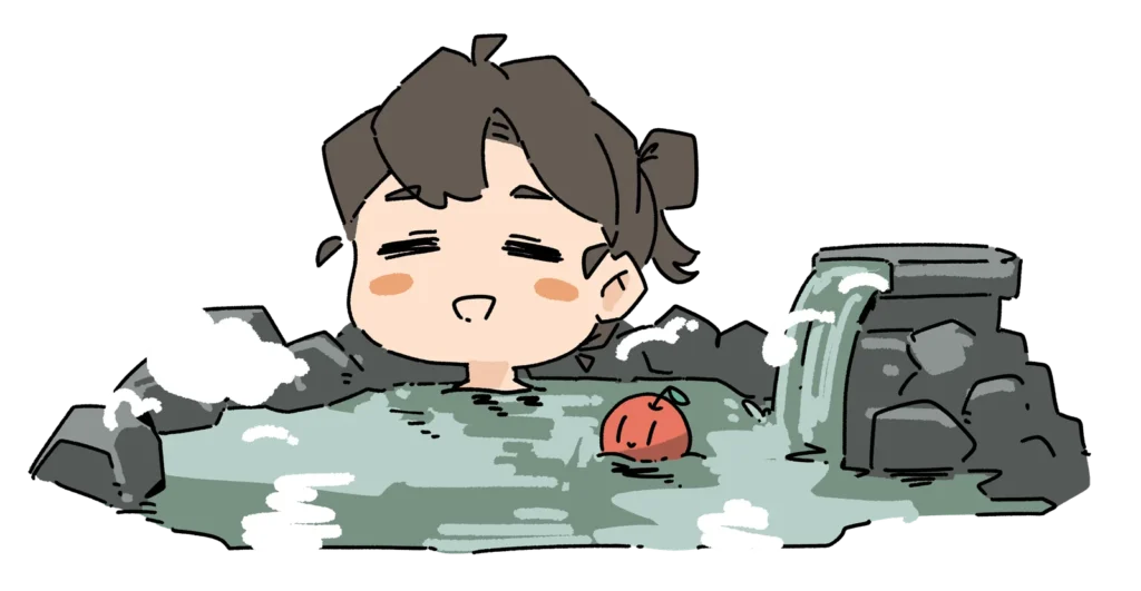 温泉に入った女の子とりんごのイラスト