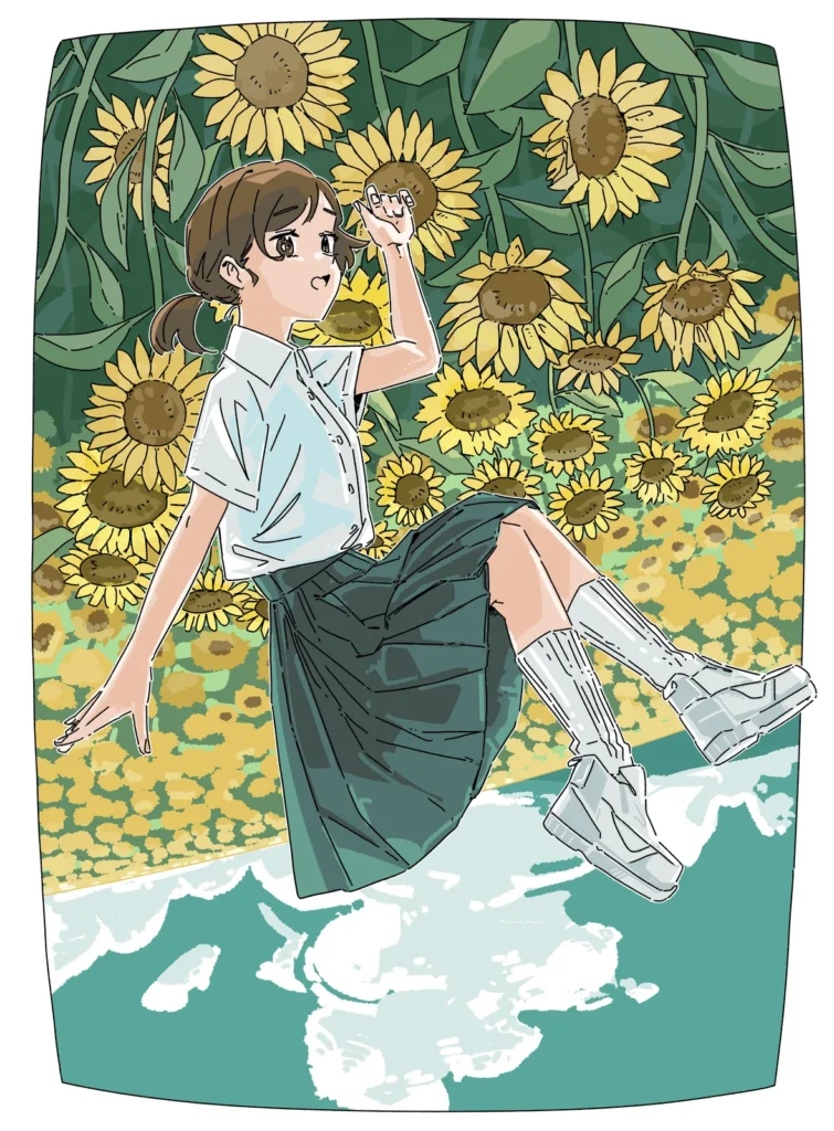 向日葵と女の子のイラスト