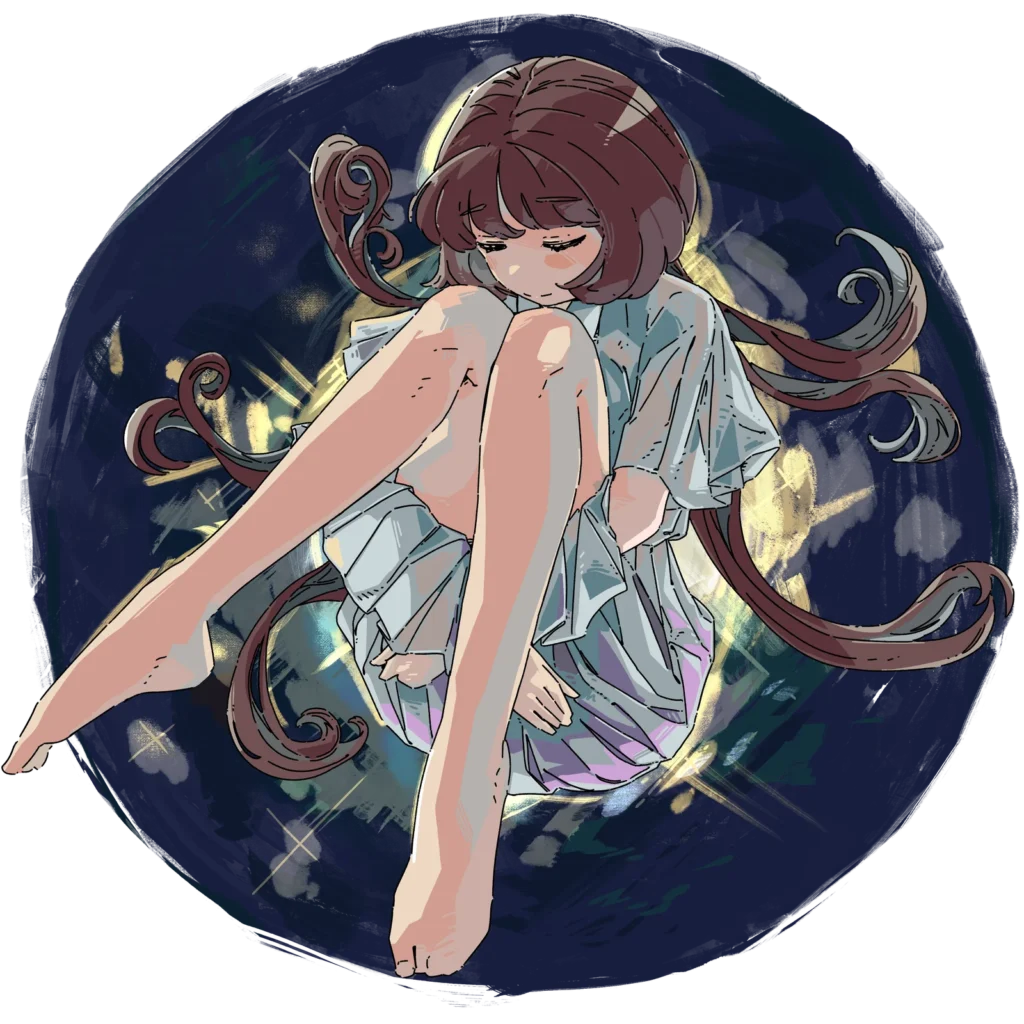 深海で脚を抱え込んで丸くなる女の子のイラスト