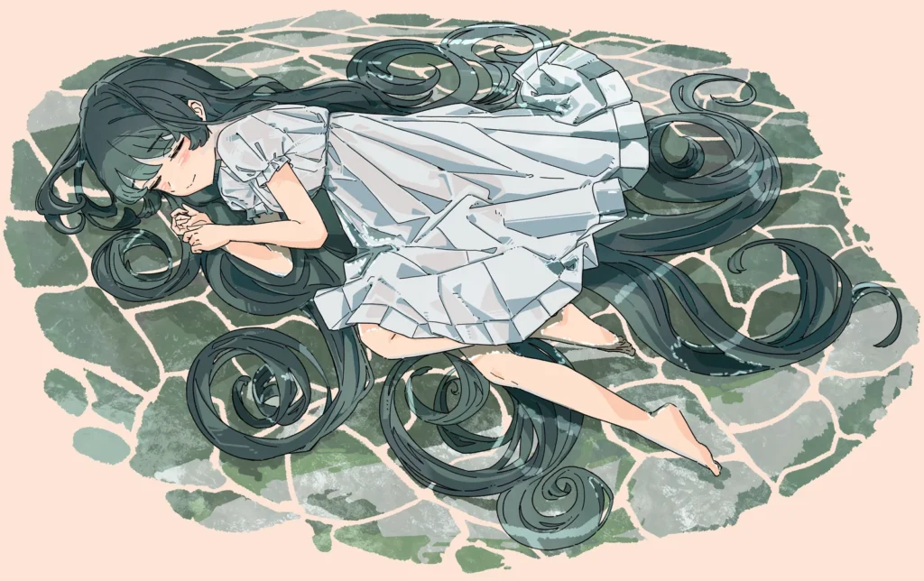 「睡蓮」水面に横たわる女の子のイラスト