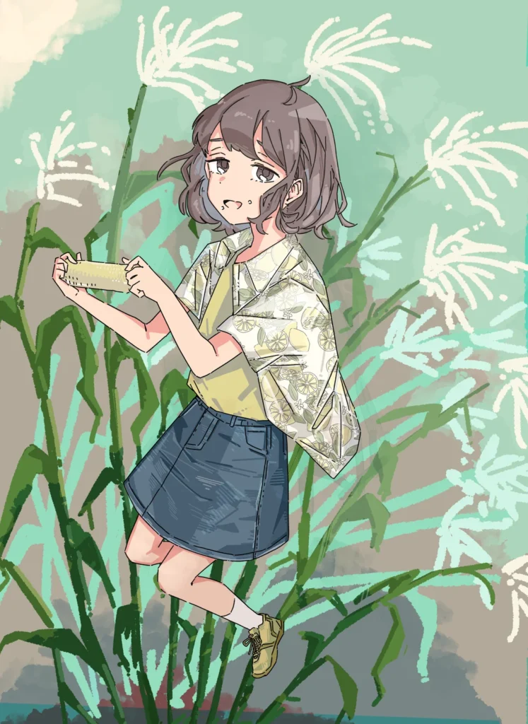 トウモロコシと女の子の（花栗露草）